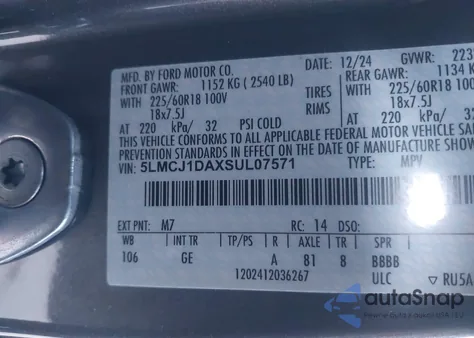 2025 Lincoln Corsair Premiere из США, поврежденный, VIN 5LMCJ1DAXSUL07571